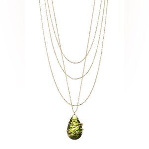 Peridot Green Crystal Pendant MultiStrand Necklace 14K Gold Wrapped Teardrop NEW